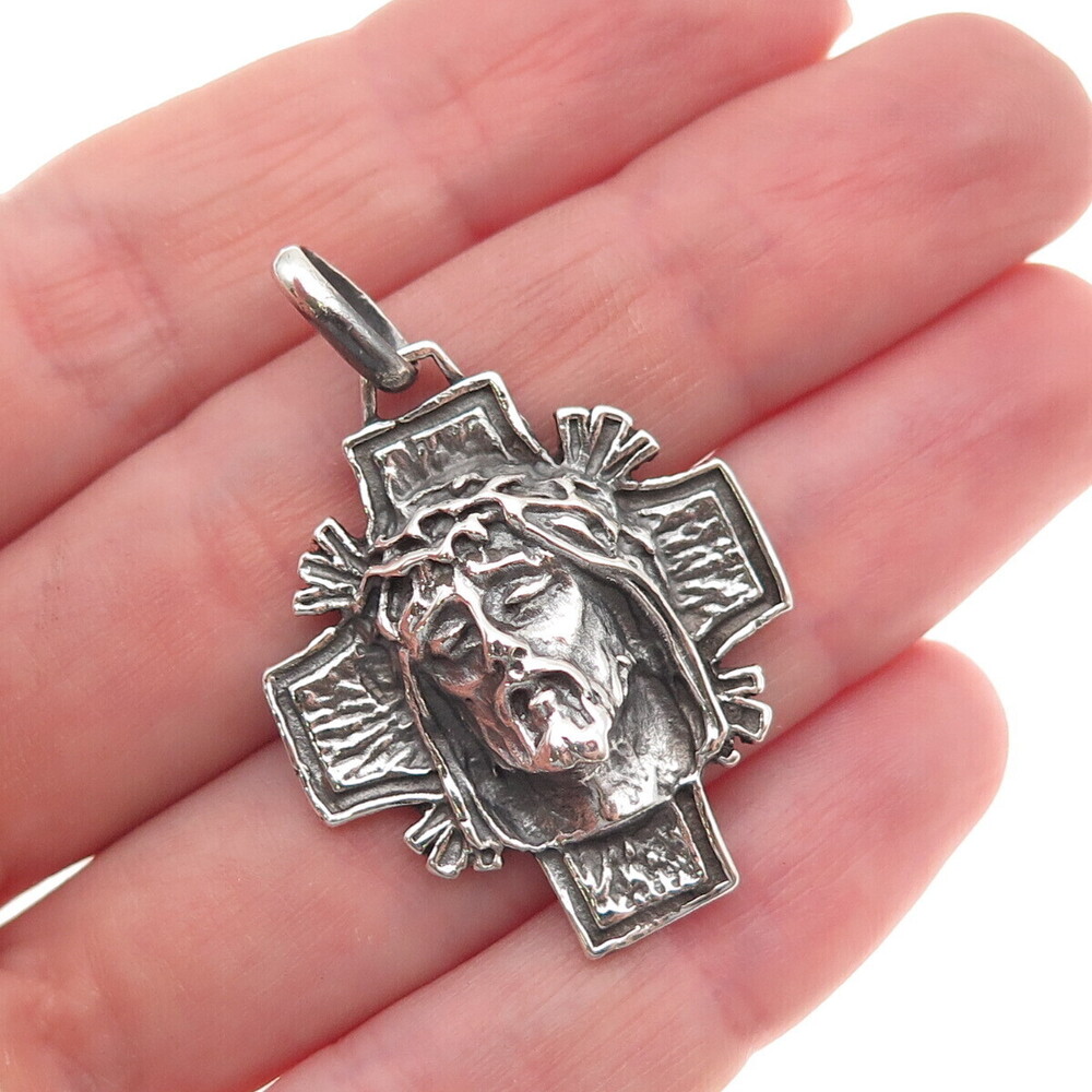 925 Sterling Silver Vintage Italy Jesus Cross Oxidized Charm Pendant
